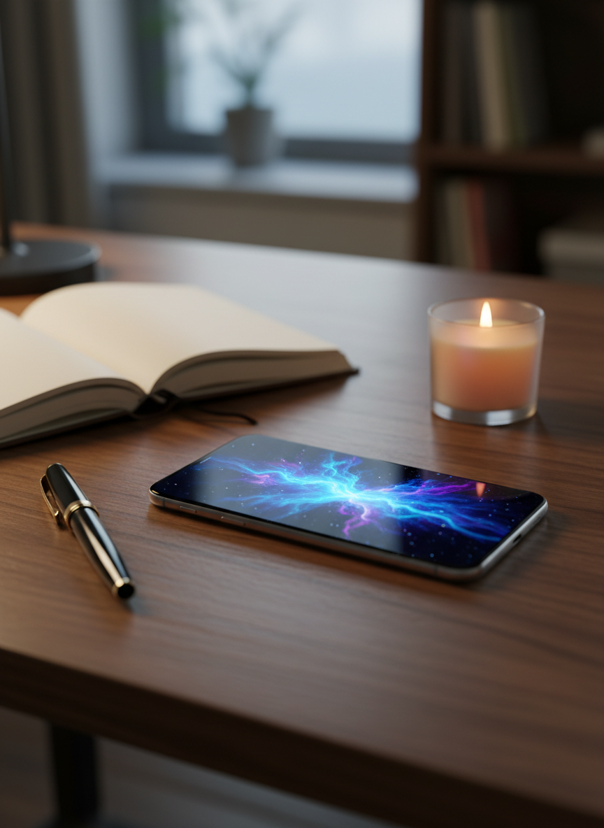 A modern smartphone lying horizontally on a dark wooden desk, its illuminated screen displaying a soft, abstract pattern of deep blue and violet waves suggesting intuition and spiritual energy. Around the phone, a neatly arranged notebook, a sleek fountain pen, and a small, lit candle in a frosted glass holder evoke a professional yet mystical workspace. Soft, warm side lighting from an unseen lamp creates gentle reflections on the phone’s glass surface and subtle shadows across the grain of the wood. Shot at eye level with shallow depth of field, the phone is in crisp focus while the background melts into a creamy bokeh. The photographic realism and clean composition convey credibility, calm, and the idea of serious clairvoyance by telephone.