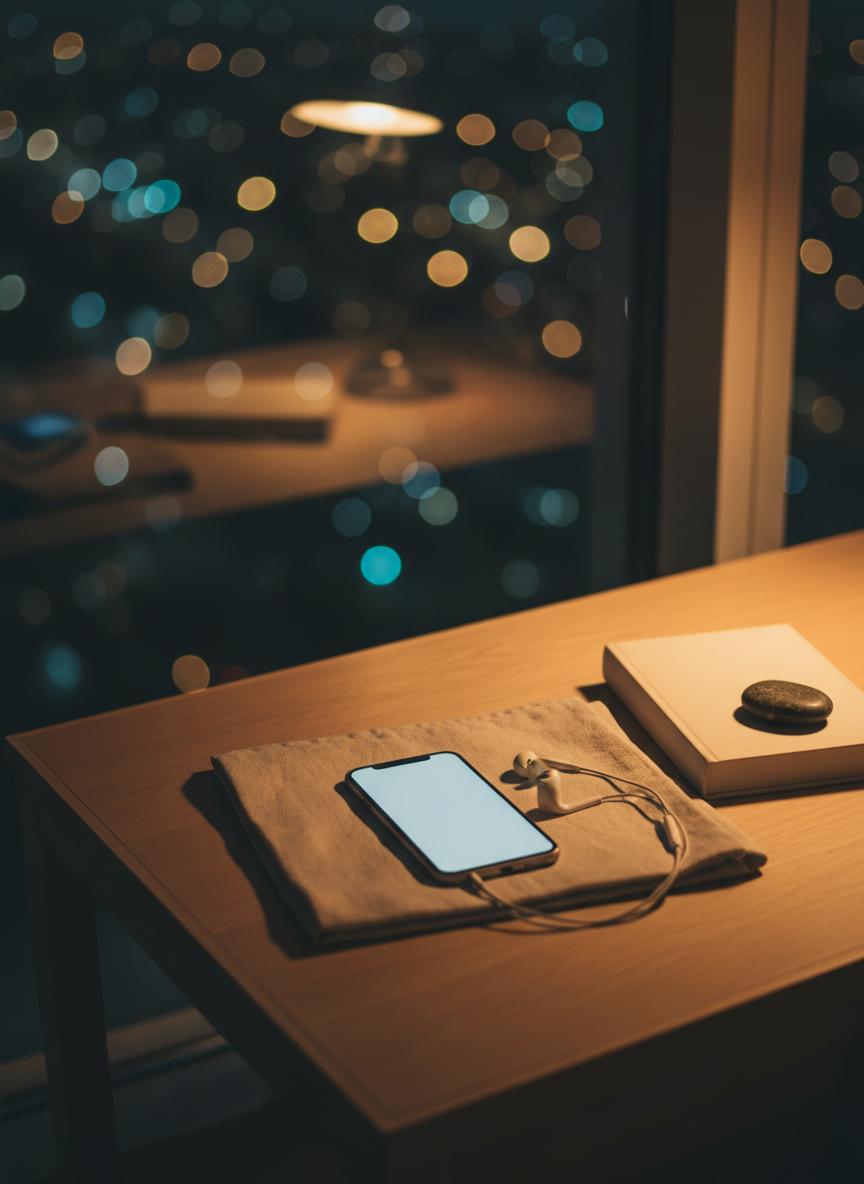 A serene nighttime scene of a minimalist desk near a window, where a smartphone lies on a folded, pale linen cloth, connected to a simple white earbud set, symbolizing intimate phone guidance. Outside the window, softly blurred city lights create gentle bokeh in shades of gold and blue, hinting at distant lives and destinies. A small, unmarked hardcover book and a smooth, dark stone rest nearby, suggesting reflection and emotional support. The scene is lit by a single warm desk lamp off-frame, casting a comforting pool of light across the phone and subtle shadows around the objects. Photographic realism, slightly elevated angle, and a tranquil, contemplative mood evoke confidential, late-evening clairvoyance sessions.
